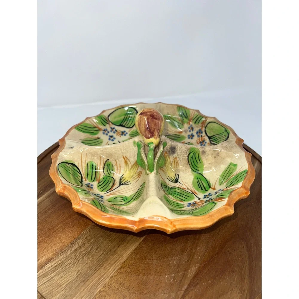 Vintage‎ Italian Style Majolica Ceramic Divided Serving Dish Floral Pear Handle